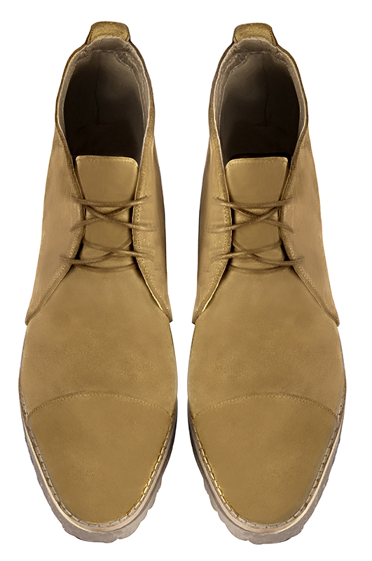 Women's camel beige elegant ankle boots, with laces at the front. Round toe. Thick rubber soles - Top view